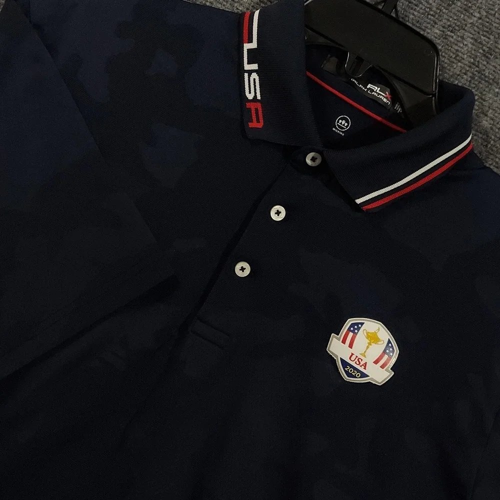Ralph Lauren RLX Polo Shirt Mens Medium Blue Camo‎ USA Team 2020 Ryder Cup Golf